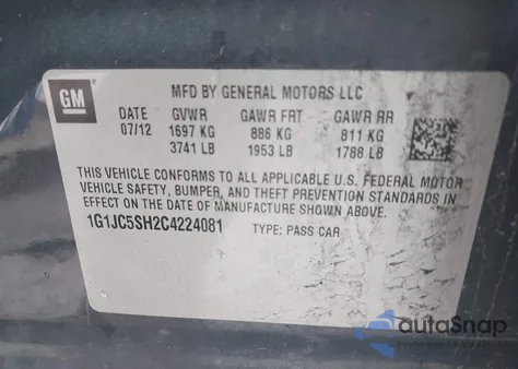 2012 Chevrolet Sonic 2Lt z USA, uszkodzony, nr VIN 1G1JC5SH2C4224081